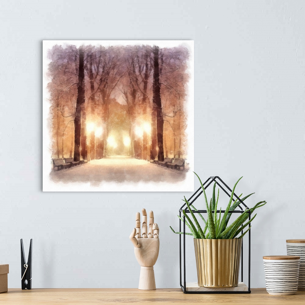 A bohemian room featuring Painting showing footpath in a fabulous winter city park.