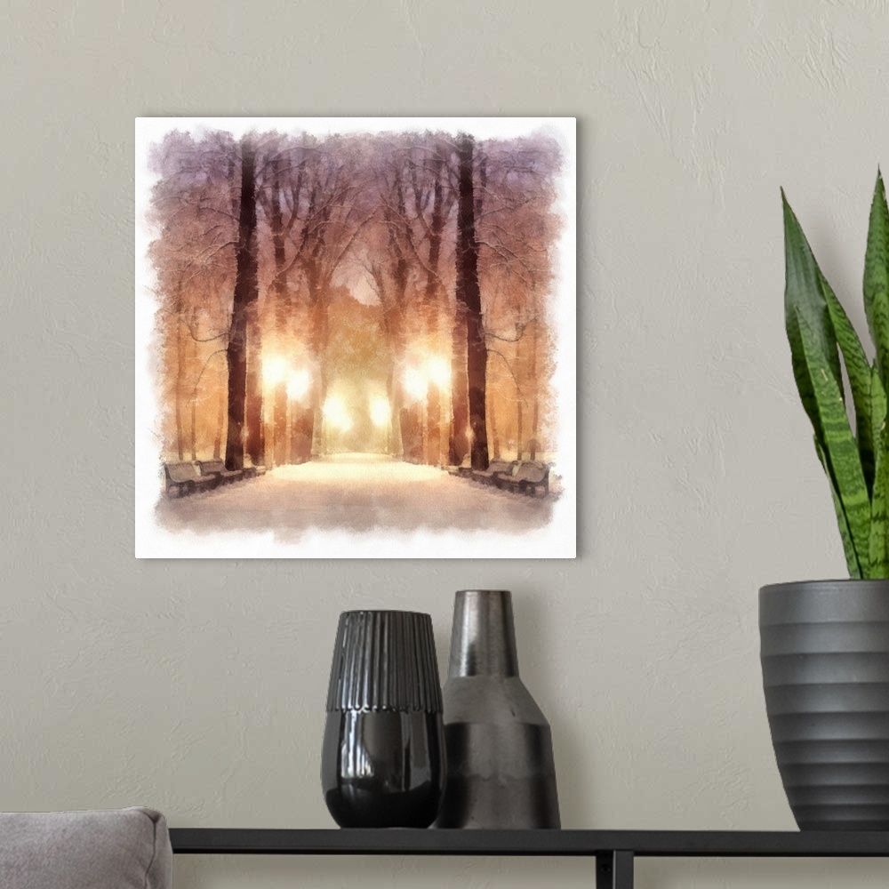 A modern room featuring Painting showing footpath in a fabulous winter city park.