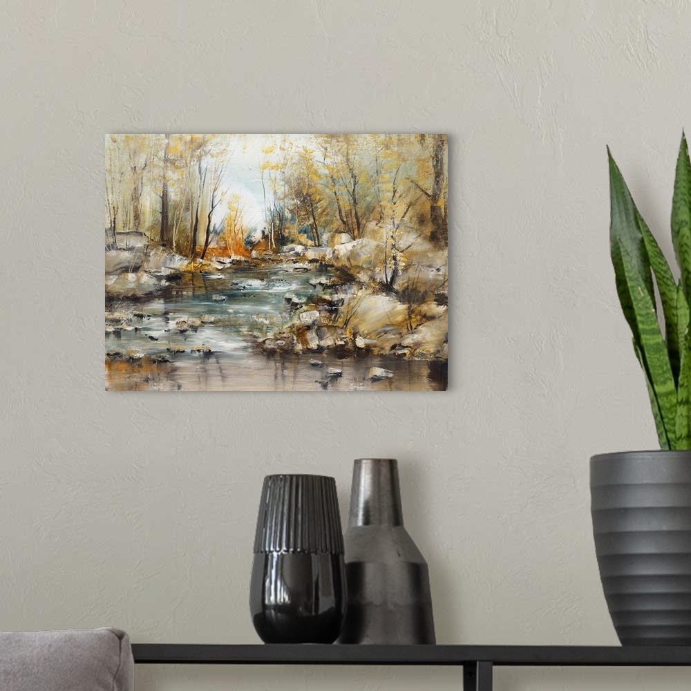 A modern room featuring Forest brook with stones, originally an oil painting.