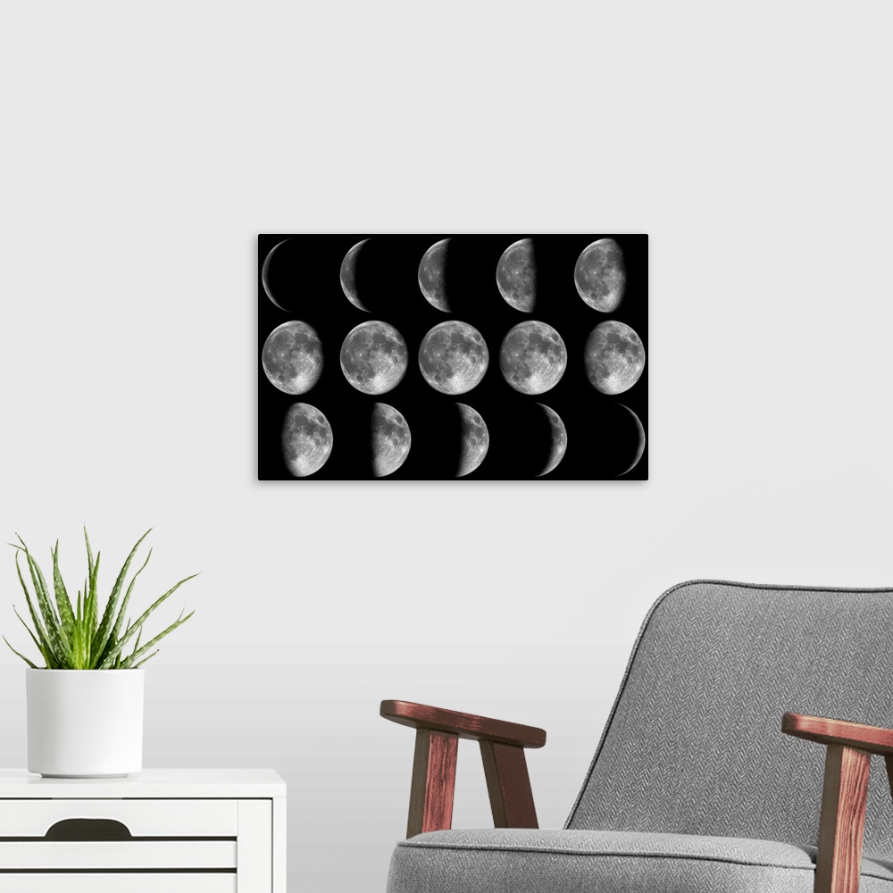 A modern room featuring The different phases of our moon during one month.