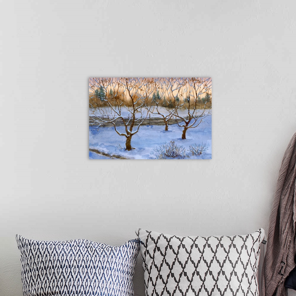 A bohemian room featuring Originally a watercolor landscape. An orchard was covered with the first snow.