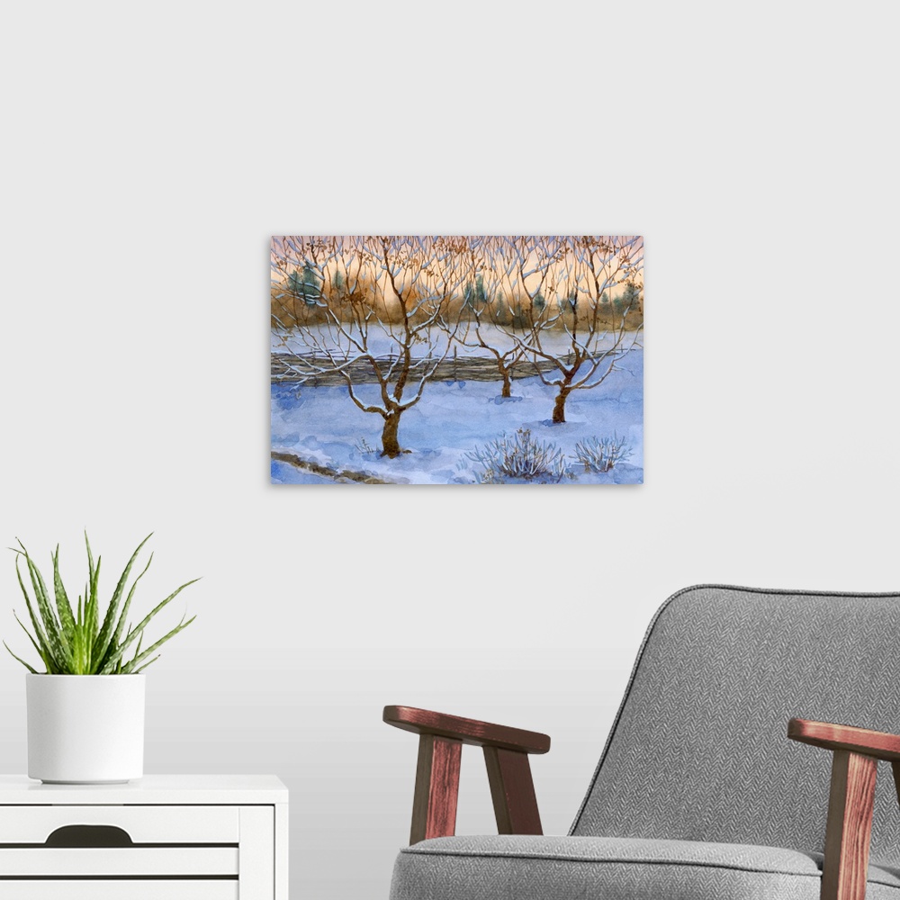 A modern room featuring Originally a watercolor landscape. An orchard was covered with the first snow.