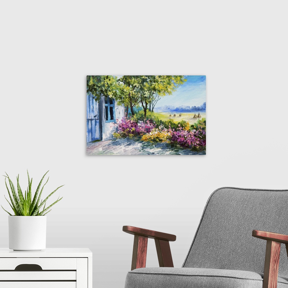 A modern room featuring Originally an oil painting landscape of a garden near the house, colorful flowers, forest.