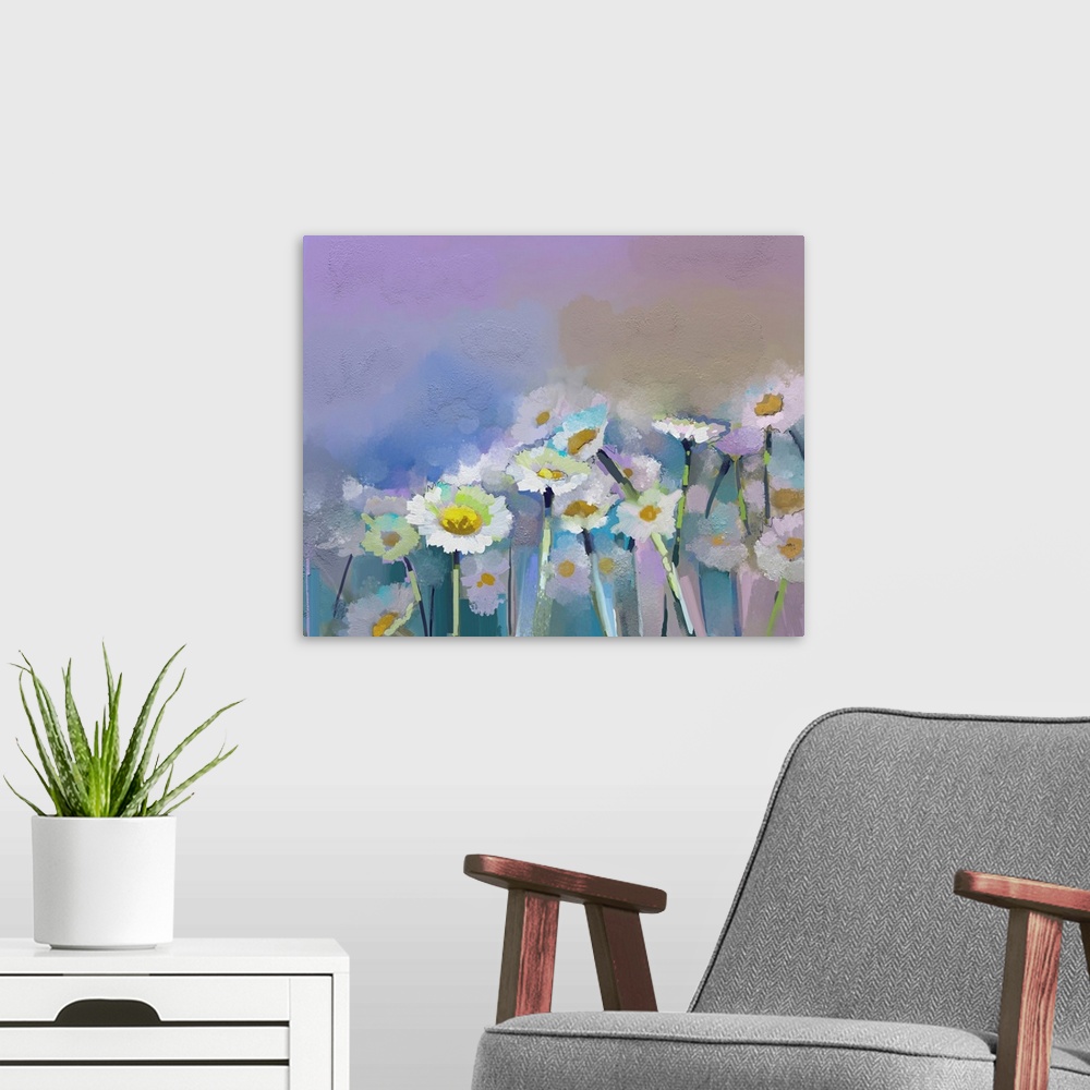 A modern room featuring Gerbera flower, originally an oil painting.