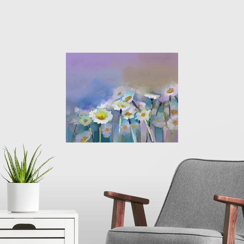 A modern room featuring Gerbera flower, originally an oil painting.