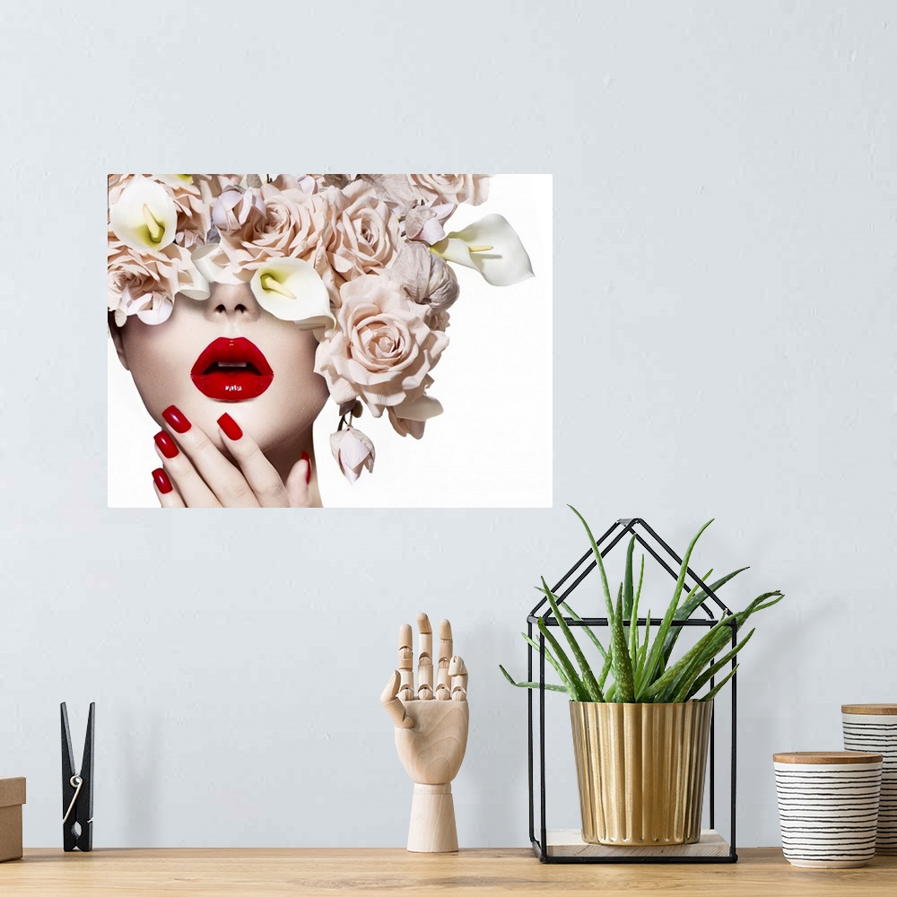 A bohemian room featuring Vogue style model girl face with roses. Red sexy lips and nails.