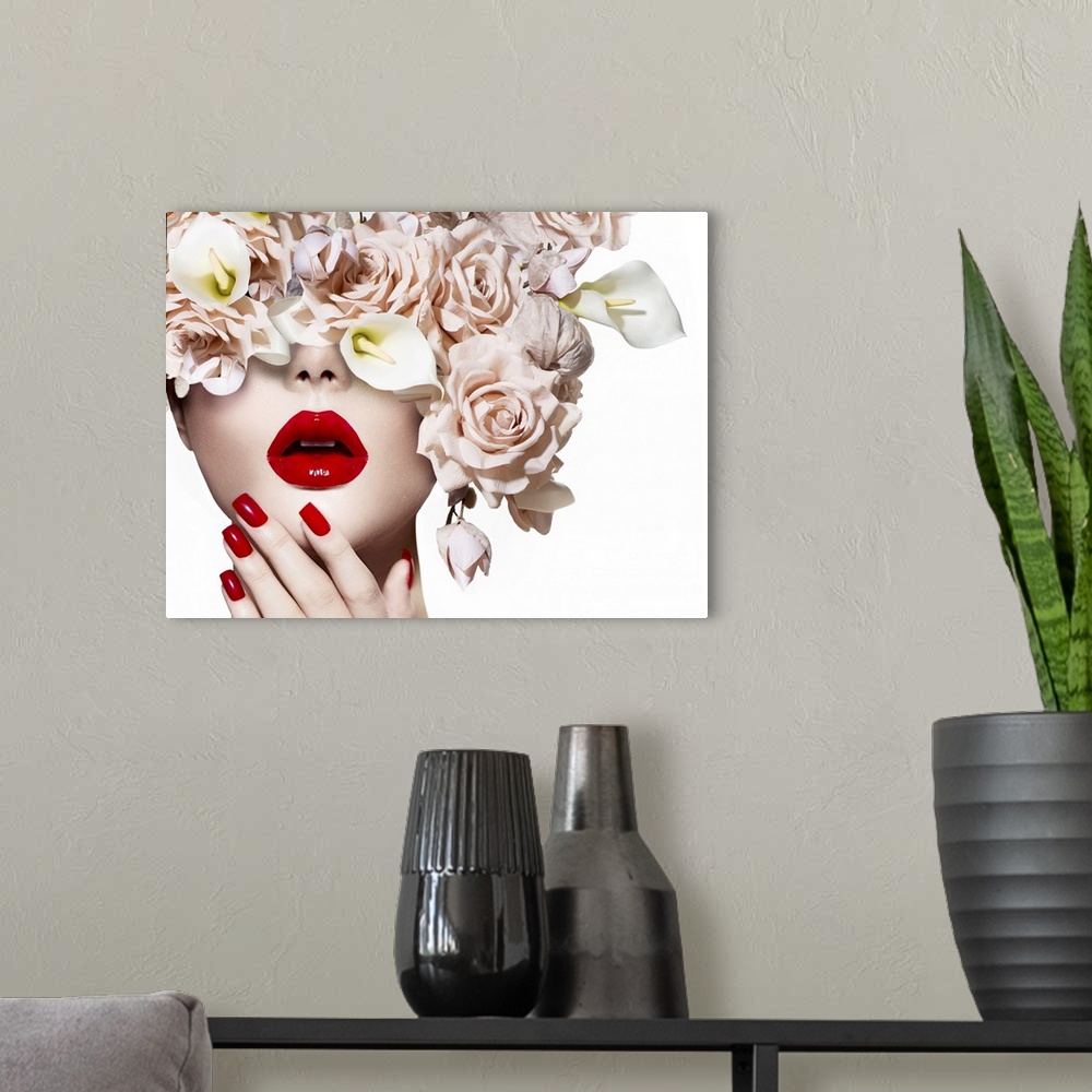 A modern room featuring Vogue style model girl face with roses. Red sexy lips and nails.