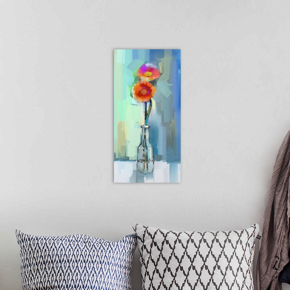 A bohemian room featuring Glass vase with bouquet gerbera flowers. Originally an oil painting.