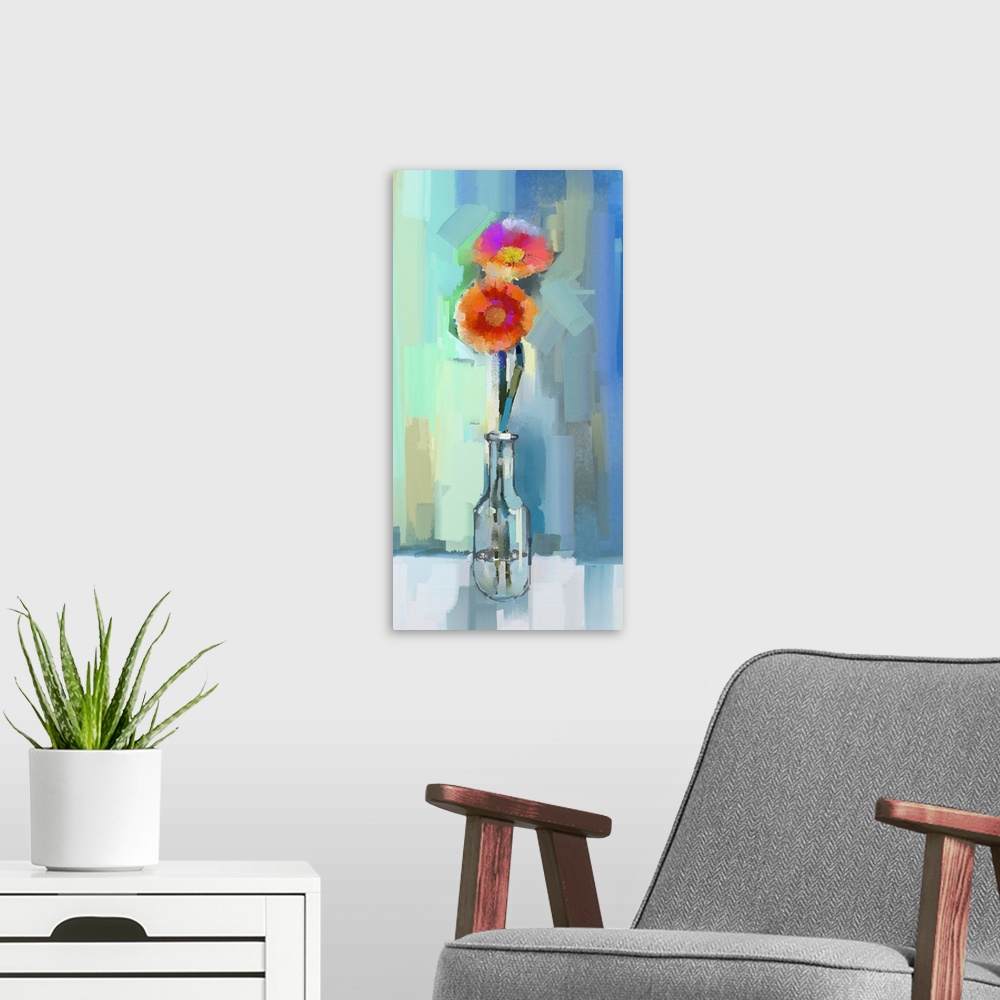 A modern room featuring Glass vase with bouquet gerbera flowers. Originally an oil painting.