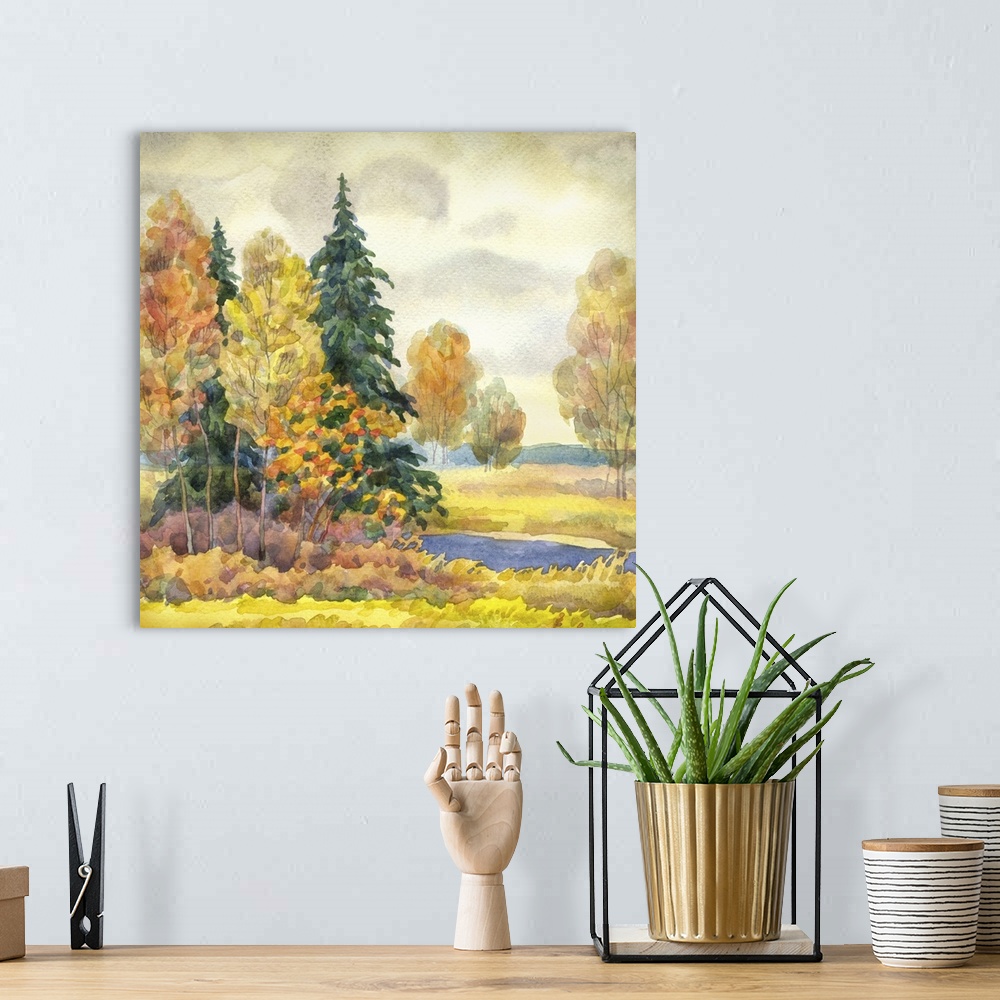 A bohemian room featuring Originally a watercolor landscape. Yellowing trees near a stream in cloudy autumn weather.