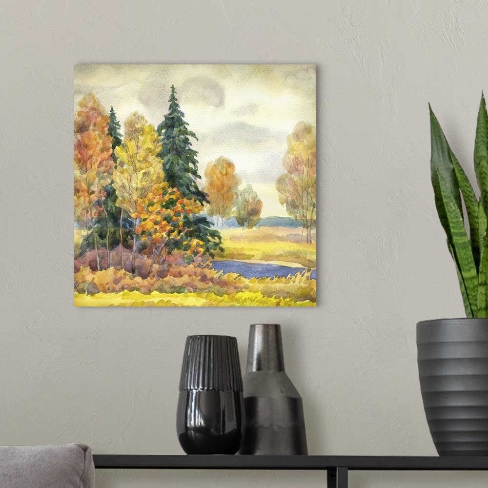 A modern room featuring Originally a watercolor landscape. Yellowing trees near a stream in cloudy autumn weather.