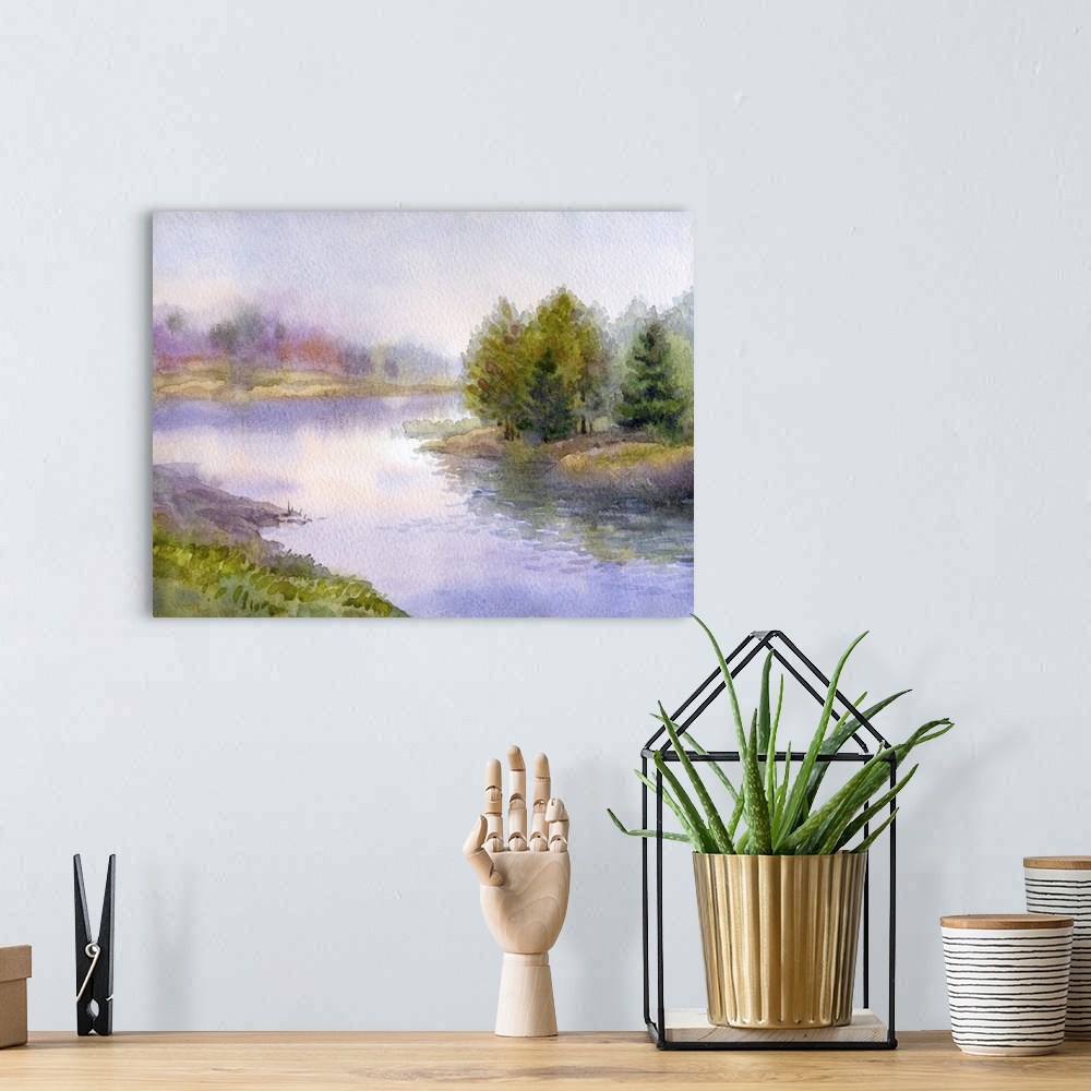 A bohemian room featuring Originally a watercolor landscape of a gorgeous evening on the forest lake.