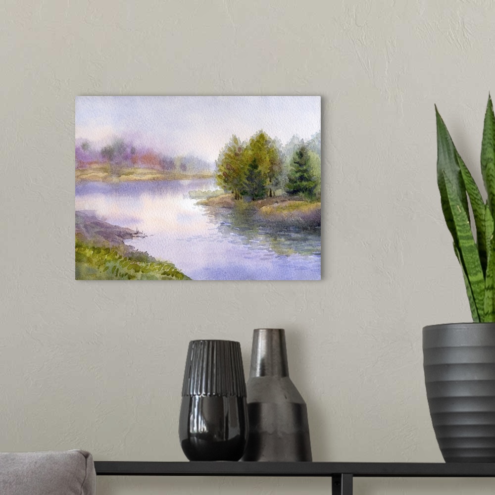 A modern room featuring Originally a watercolor landscape of a gorgeous evening on the forest lake.