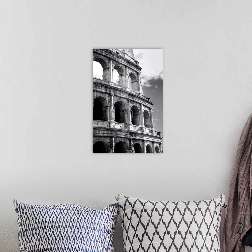 A bohemian room featuring Great colosseum, Rome, Italy. Black and white photo.