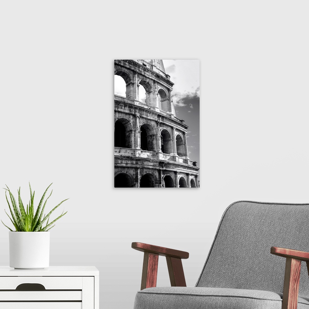 A modern room featuring Great colosseum, Rome, Italy. Black and white photo.