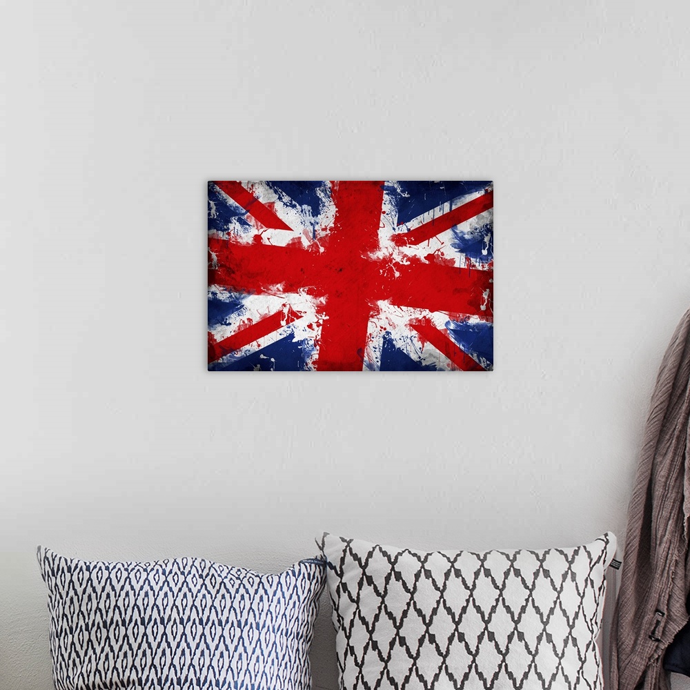 A bohemian room featuring Grunge Great Britain flag, image is overlaying a detailed grungy texture.
