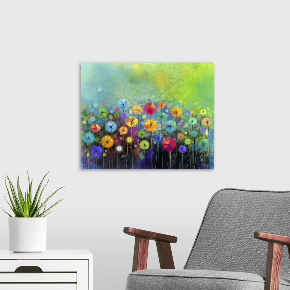 A modern room featuring Originally an abstract floral watercolor painting. Originally hand painted yellow and red flowers...