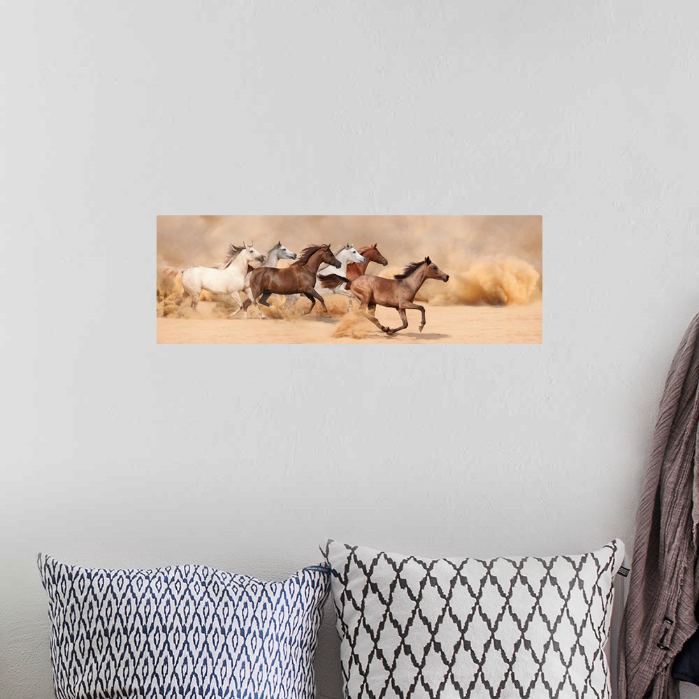 A bohemian room featuring A herd gallops in the sand storm.