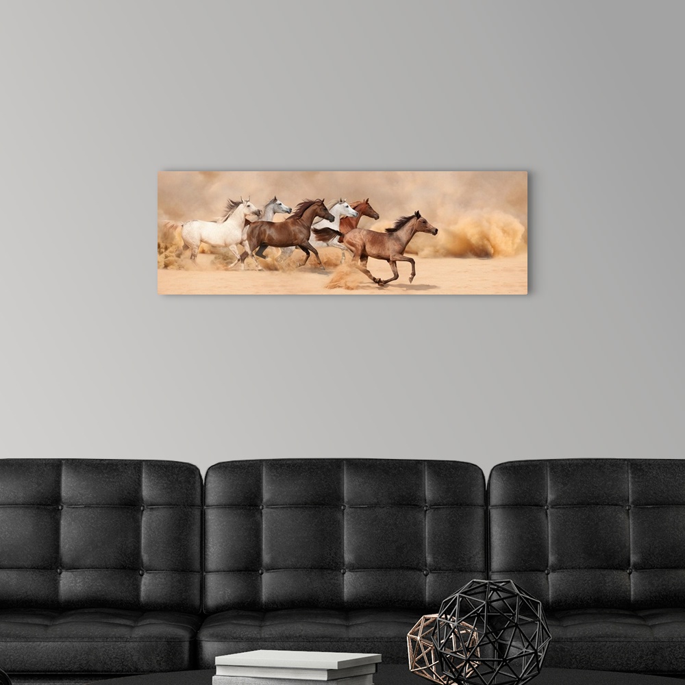 A modern room featuring A herd gallops in the sand storm.