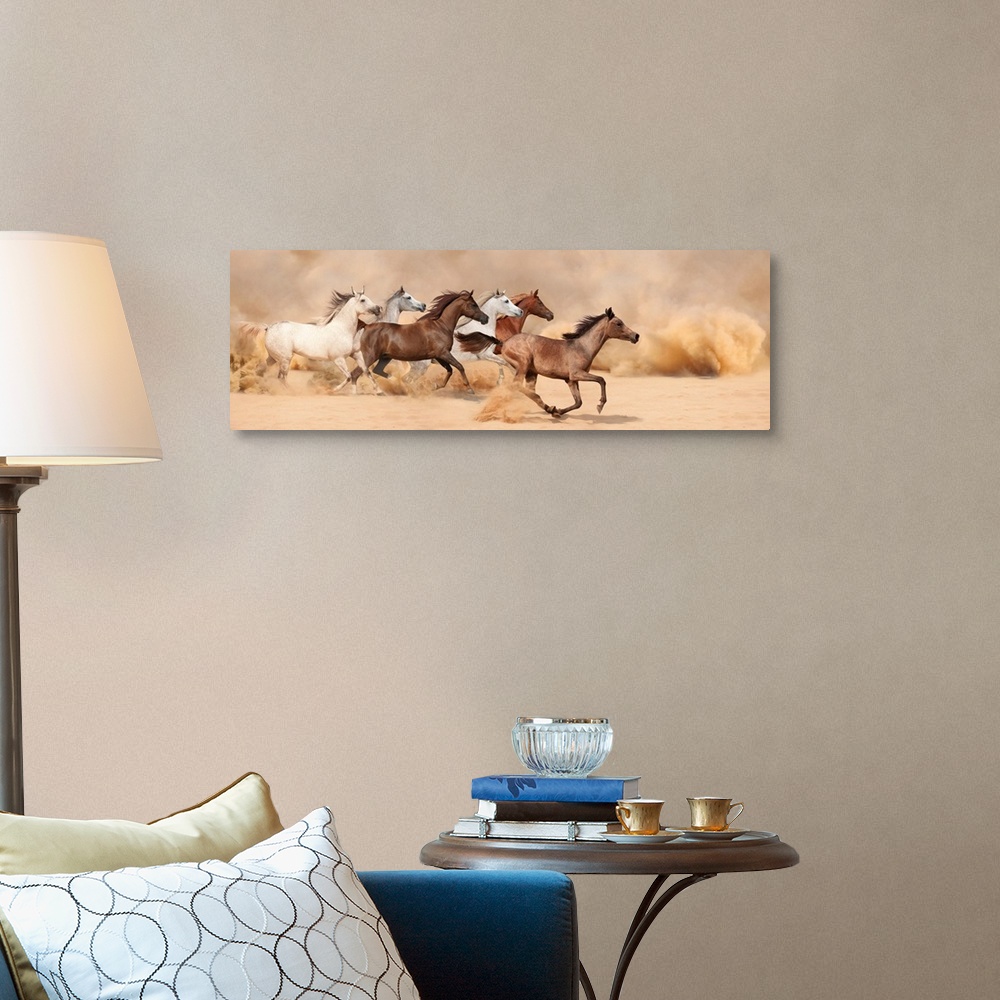 A traditional room featuring A herd gallops in the sand storm.