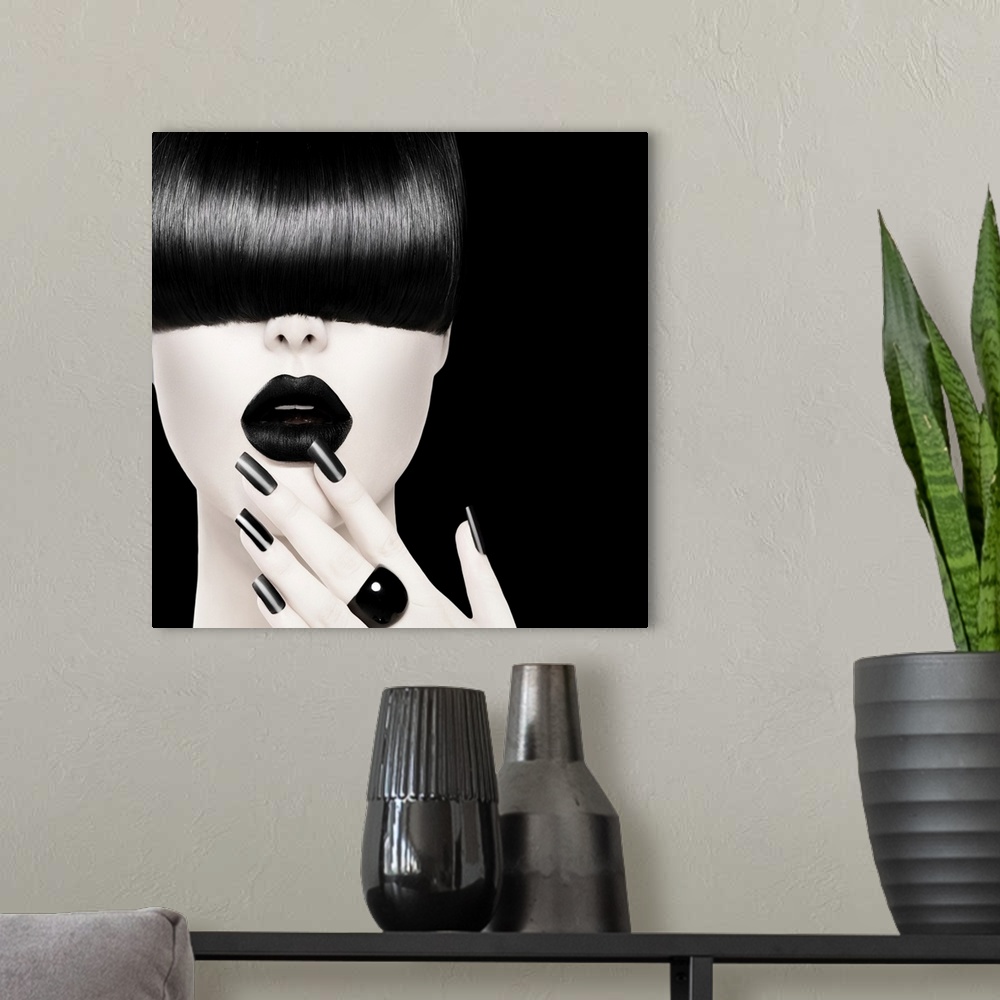 A modern room featuring High fashion black and white model girl portrait.