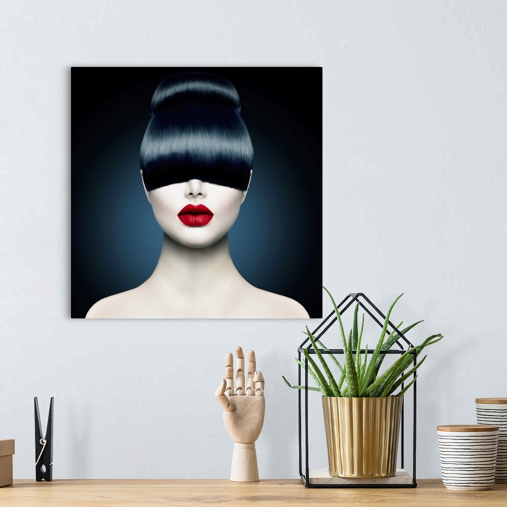 A bohemian room featuring High fashion model girl portrait with trendy fringe.