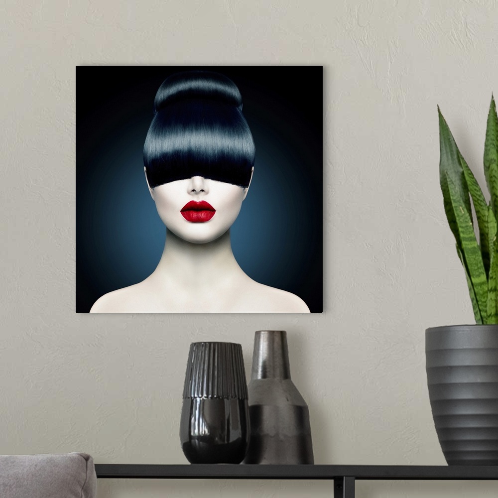 A modern room featuring High fashion model girl portrait with trendy fringe.