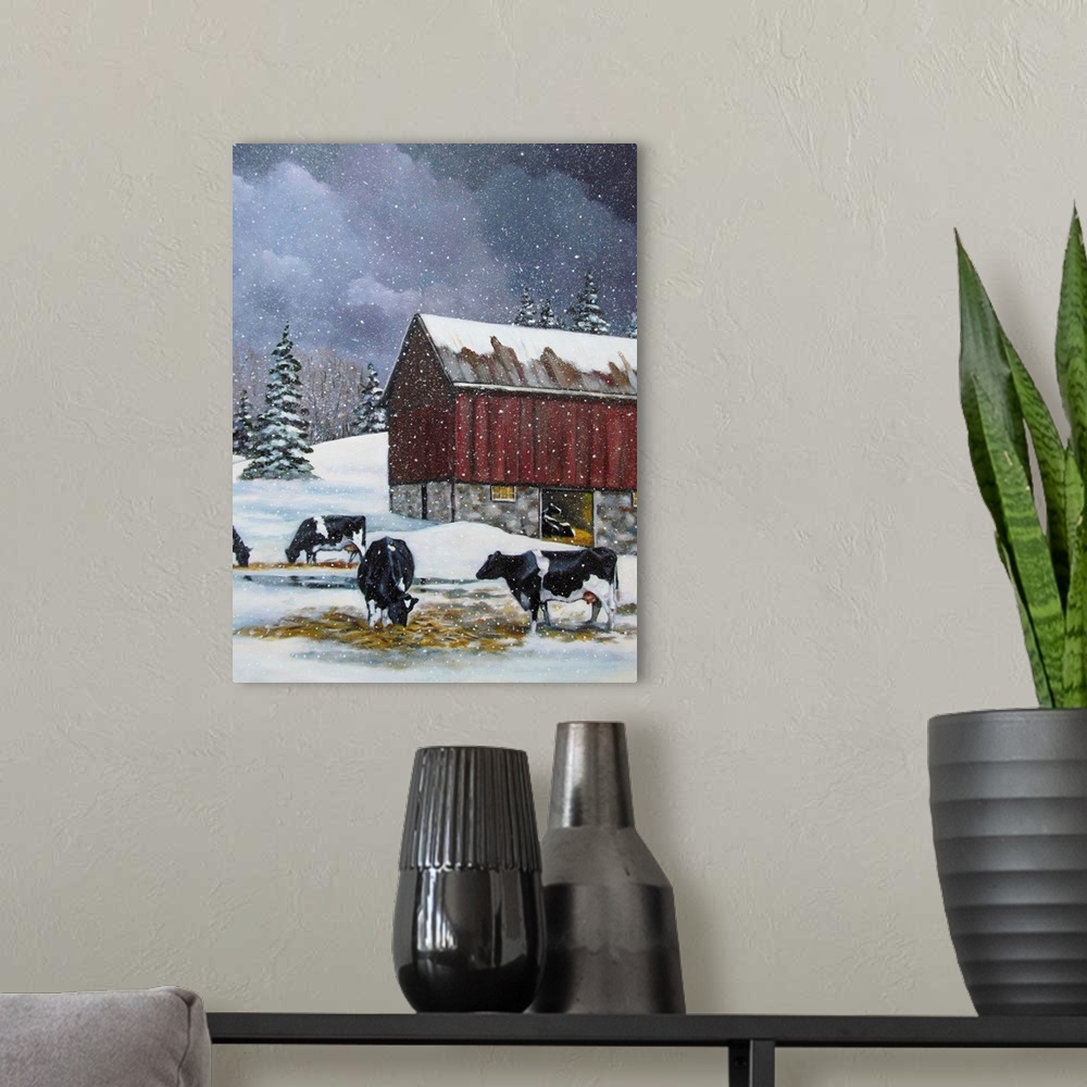 A modern room featuring Holstein Cows In Snow