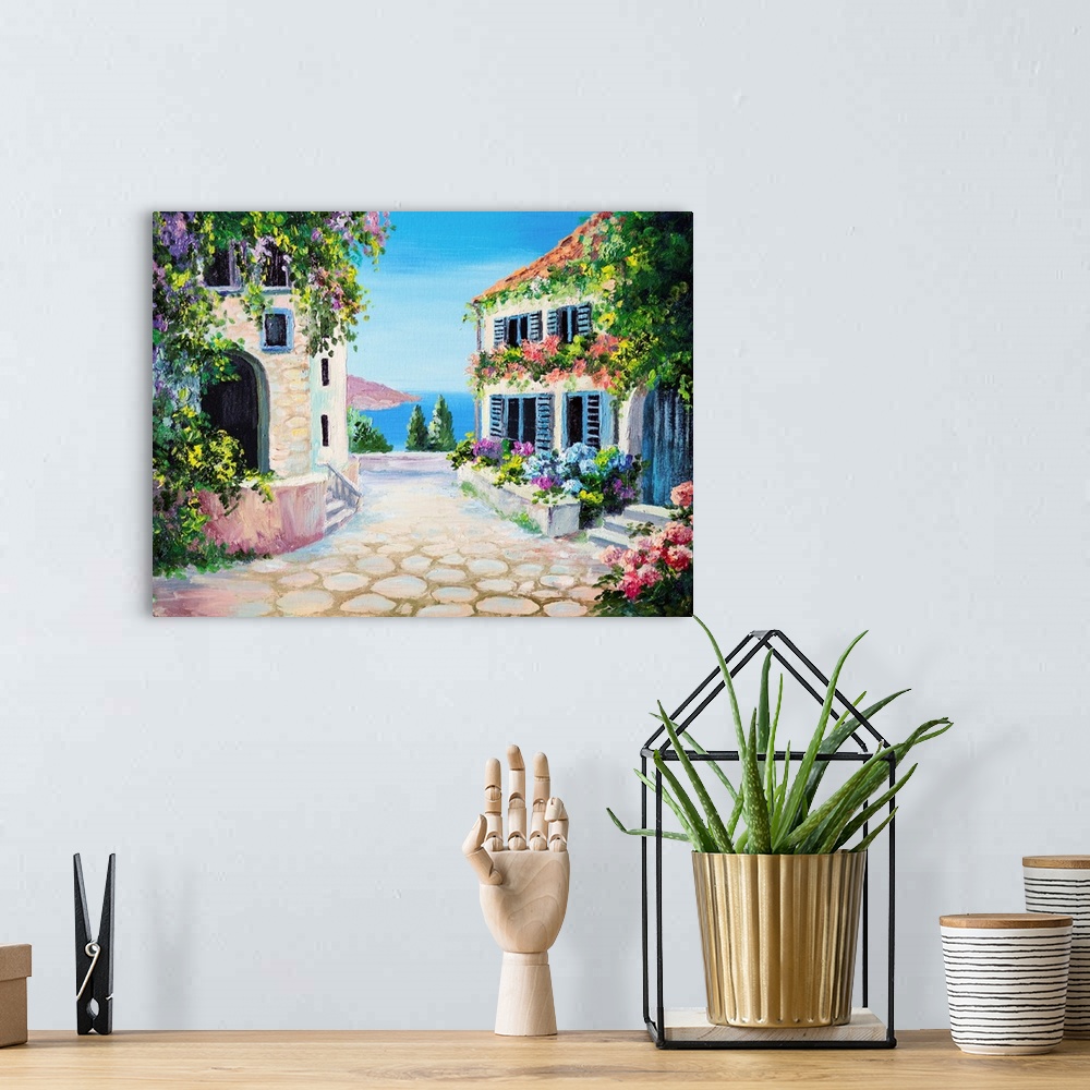 A bohemian room featuring Originally an oil painting on canvas of house near the sea.