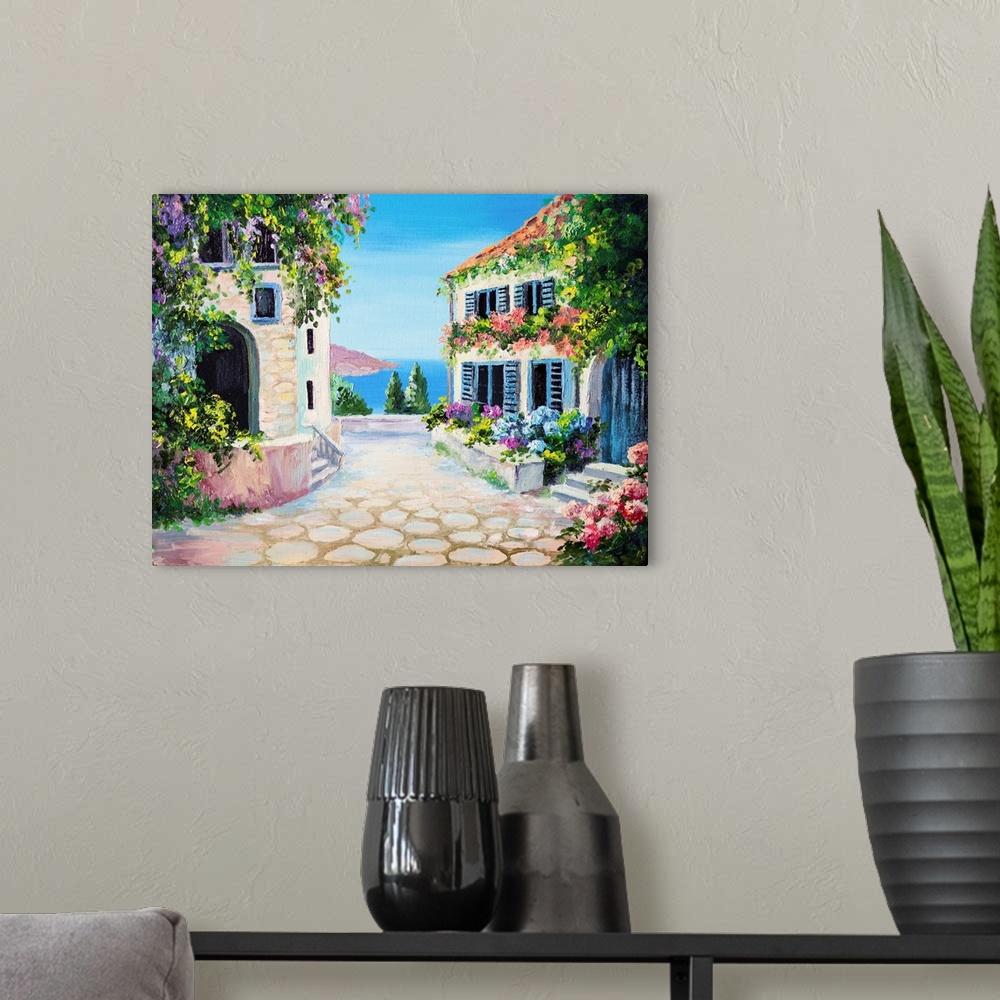 A modern room featuring Originally an oil painting on canvas of house near the sea.