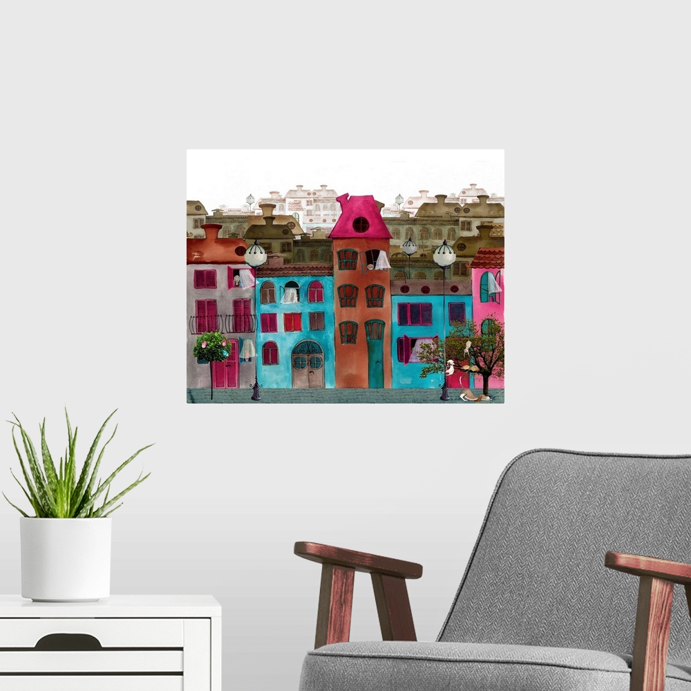 A modern room featuring Illustrated beautiful street.