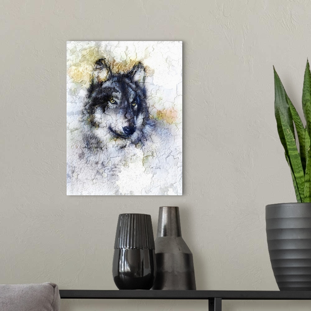 A modern room featuring Originally an illustration portrait of a wolf, crackle background.