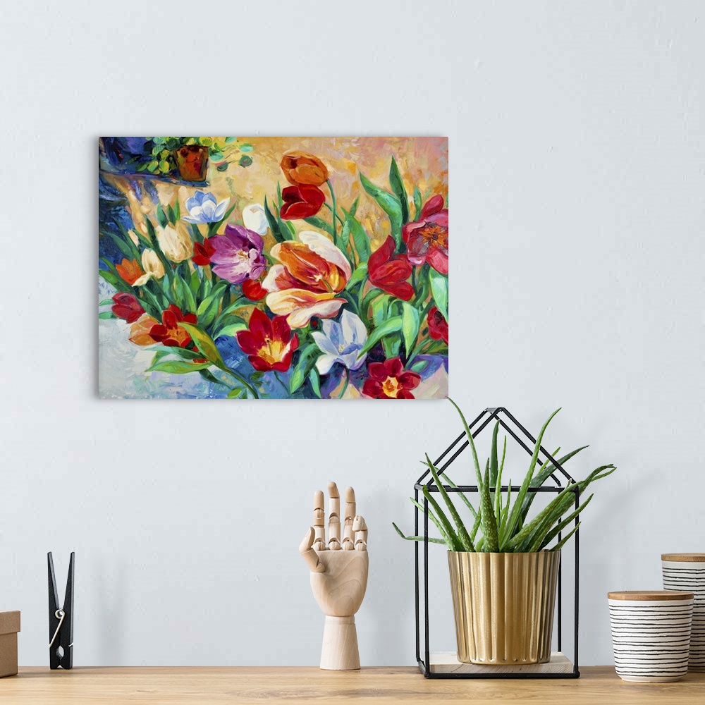 A bohemian room featuring Original oil painting of beautiful vase or bowl of fresh flowers. on canvas.Modern Impressionism.