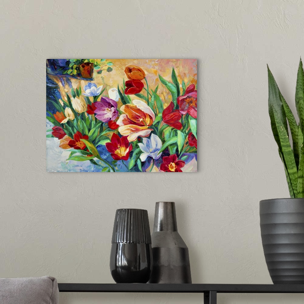 A modern room featuring Original oil painting of beautiful vase or bowl of fresh flowers. on canvas.Modern Impressionism.