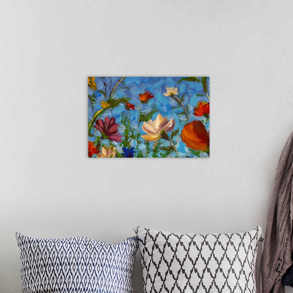 A bohemian room featuring Impressionist floral painting originally in oil.