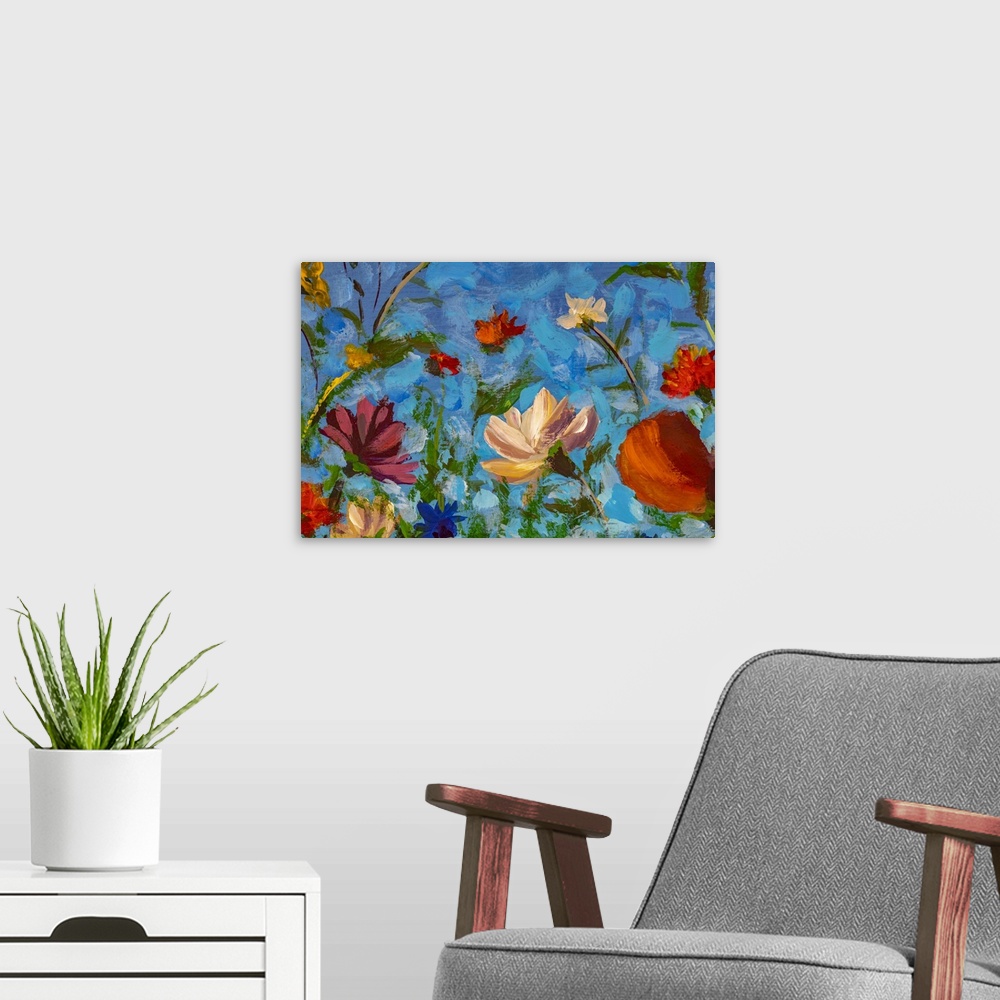 A modern room featuring Impressionist floral painting originally in oil.