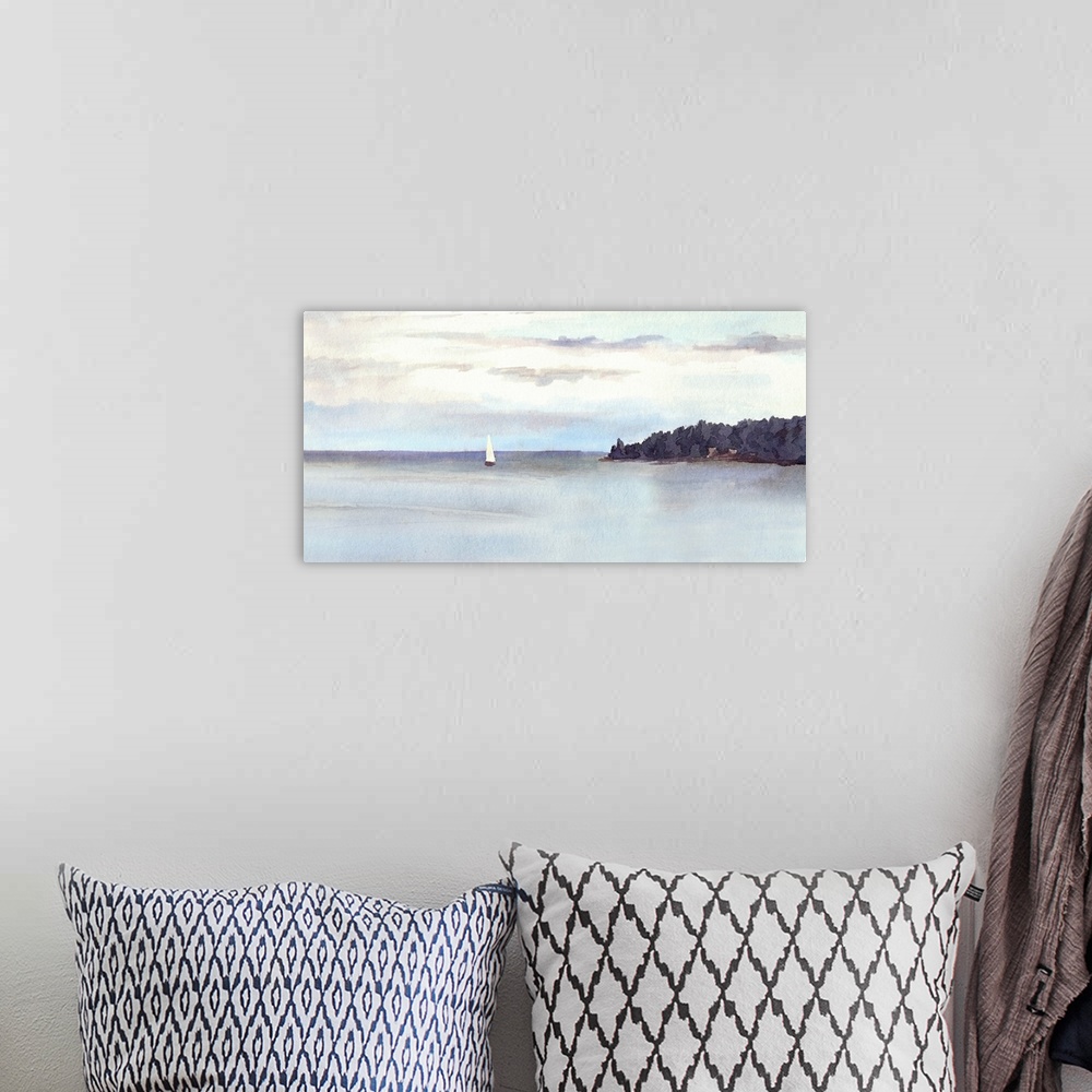 A bohemian room featuring Water view landscape - lake or sea, island, sky with clouds and white sail. Originally a watercolor.