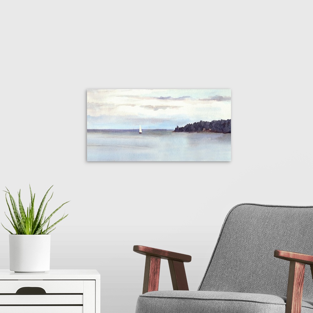 A modern room featuring Water view landscape - lake or sea, island, sky with clouds and white sail. Originally a watercolor.