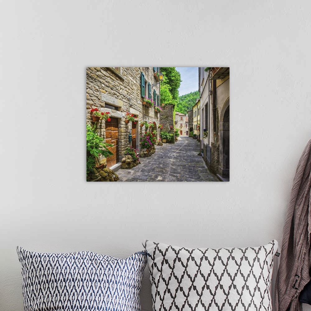 A bohemian room featuring Typical Italian street in a small provincial town of Tuscan, Italy, Europe.