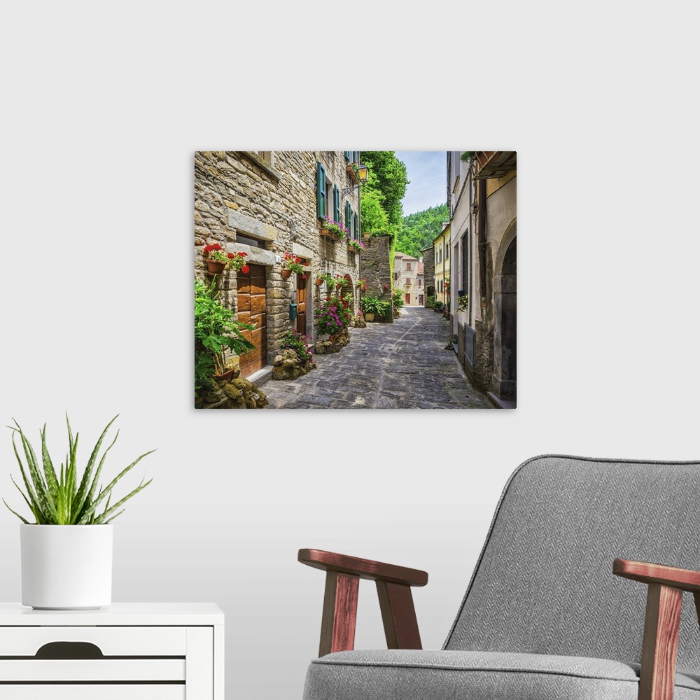 A modern room featuring Typical Italian street in a small provincial town of Tuscan, Italy, Europe.