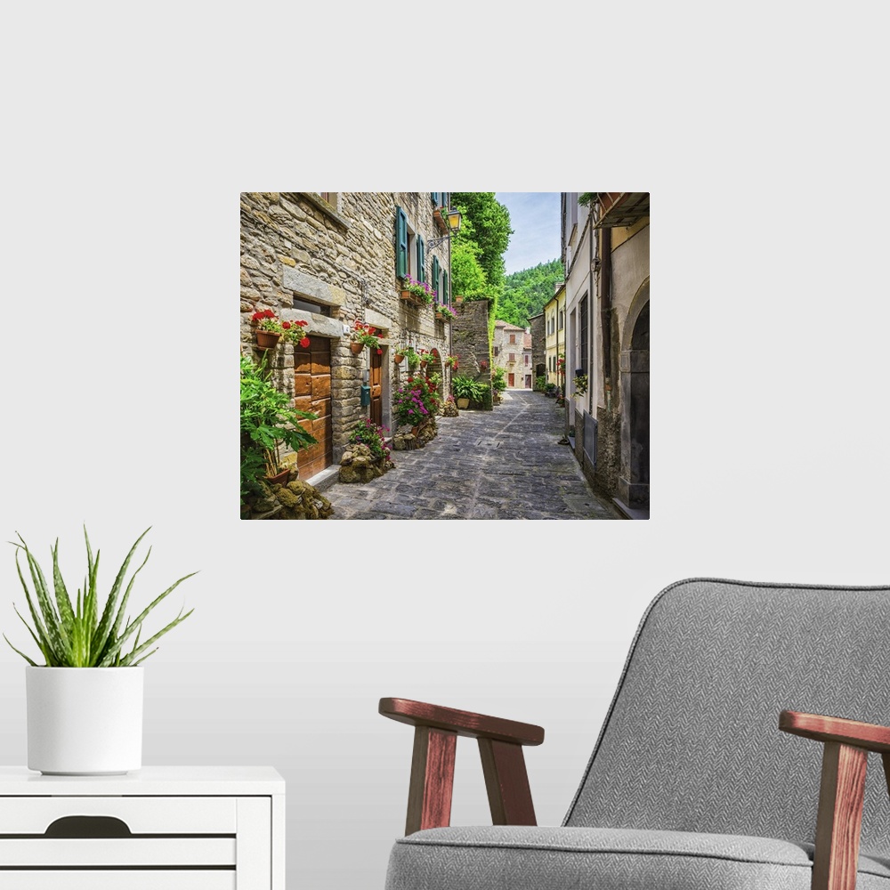 A modern room featuring Typical Italian street in a small provincial town of Tuscan, Italy, Europe.