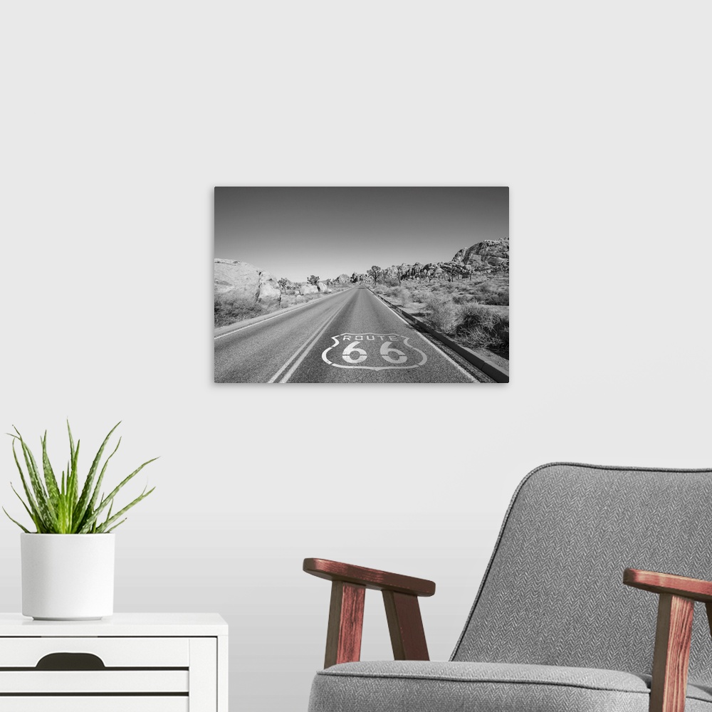 A modern room featuring Joshua tree highway with route 66 pavement sign in black and white.
