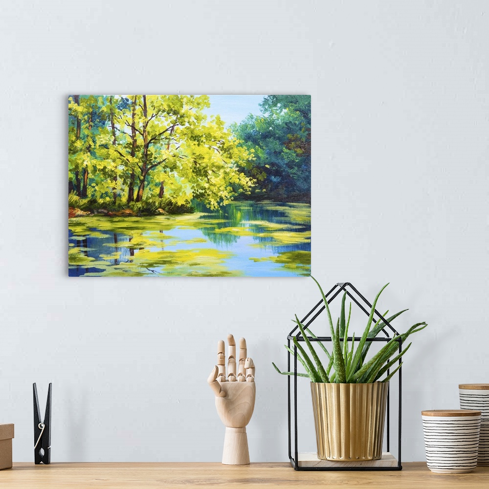 A bohemian room featuring Originally an oil painting landscape of lake in the forest, summer day.