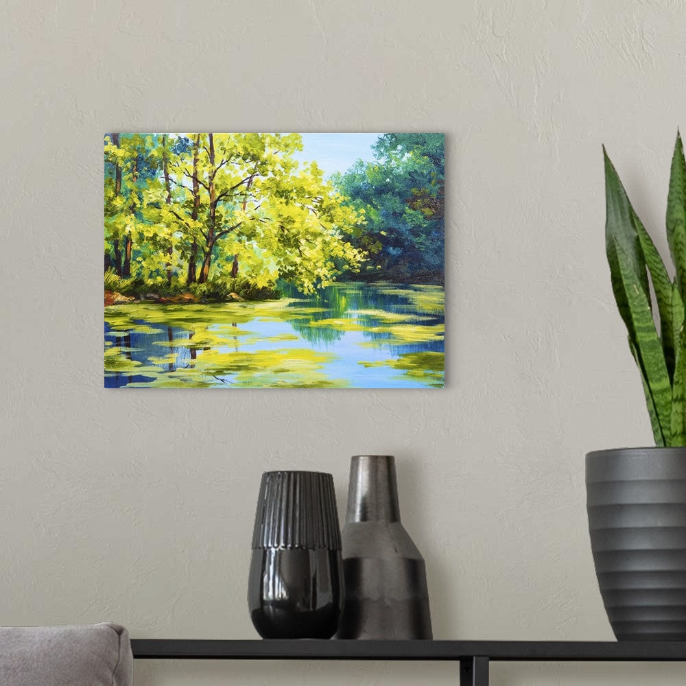 A modern room featuring Originally an oil painting landscape of lake in the forest, summer day.