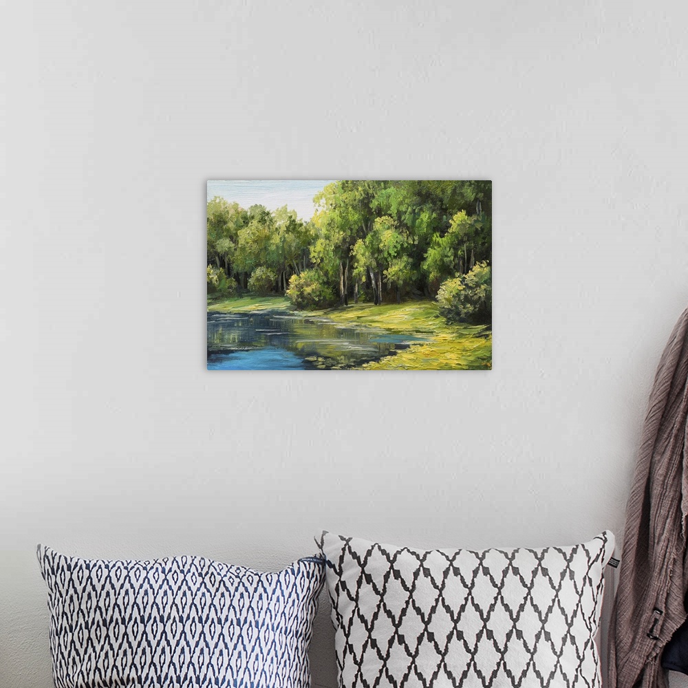 A bohemian room featuring Originally an oil painting landscape of the lake in the forest, summer day.