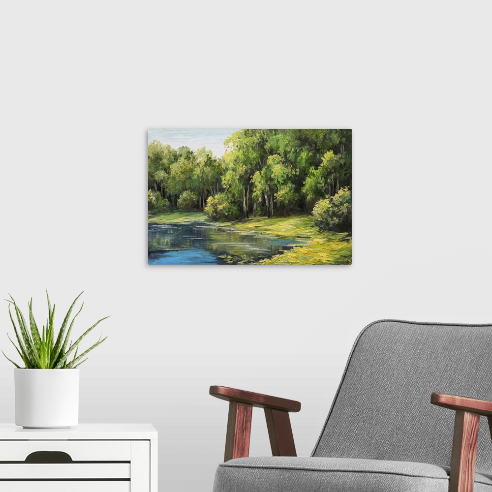 A modern room featuring Originally an oil painting landscape of the lake in the forest, summer day.
