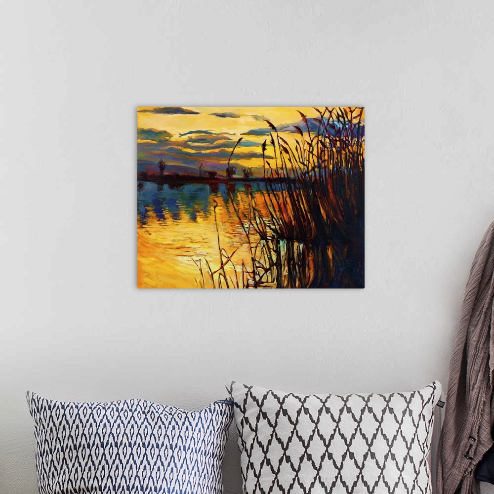 A bohemian room featuring Originally an oil painting showing a beautiful lake against a sunset landscape. Fern (rush), sky ...