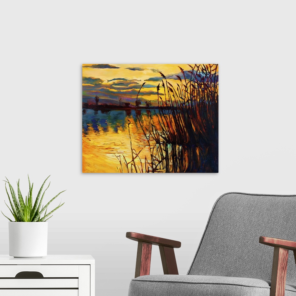 A modern room featuring Originally an oil painting showing a beautiful lake against a sunset landscape. Fern (rush), sky ...