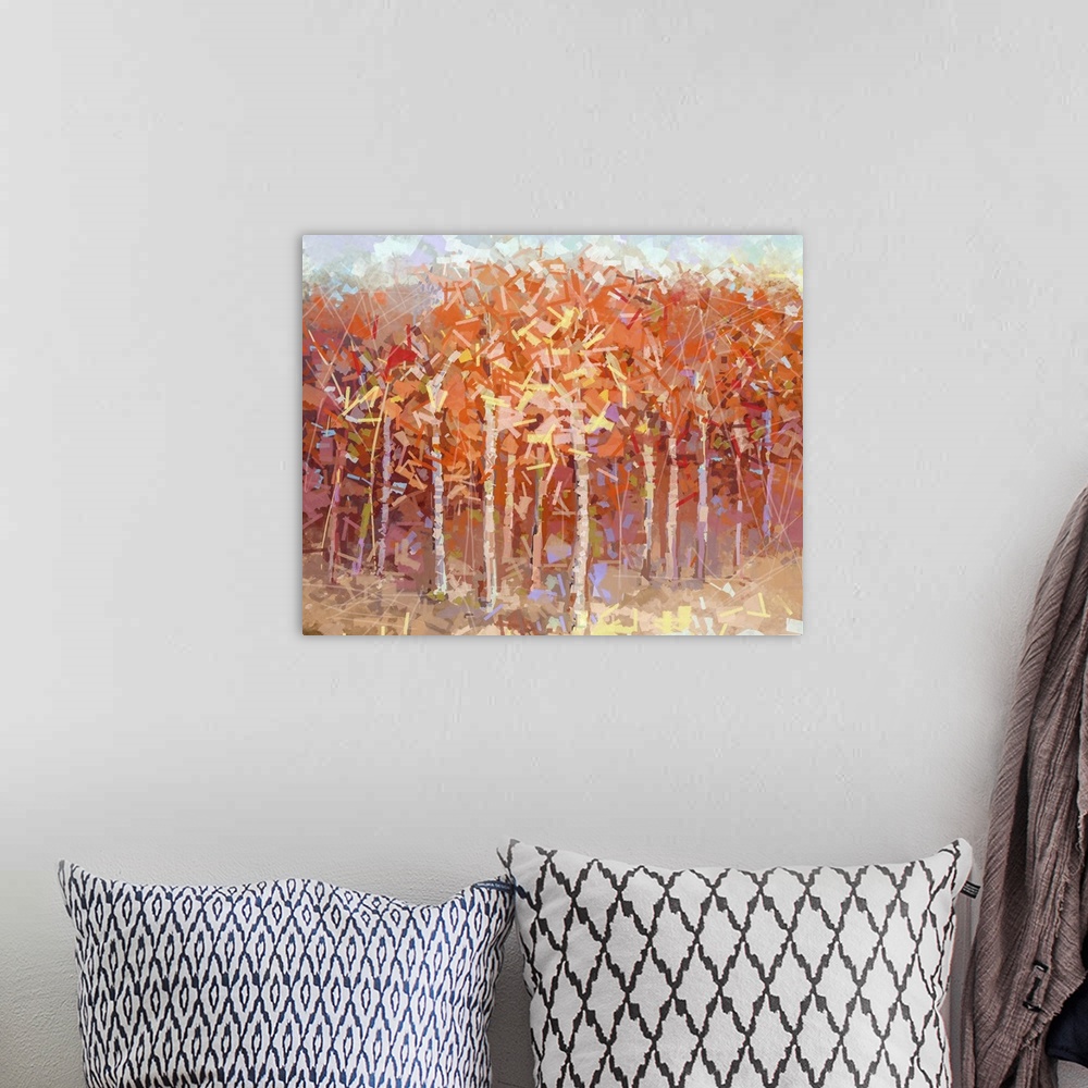 A bohemian room featuring Originally an oil painting landscape colorful autumn forest.