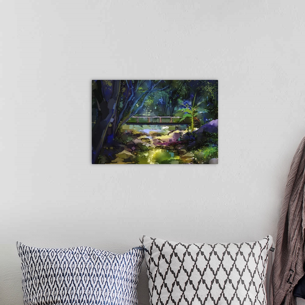 A bohemian room featuring Originally an oil painting landscape with wooden bridge over creek in forest. Originally hand pai...